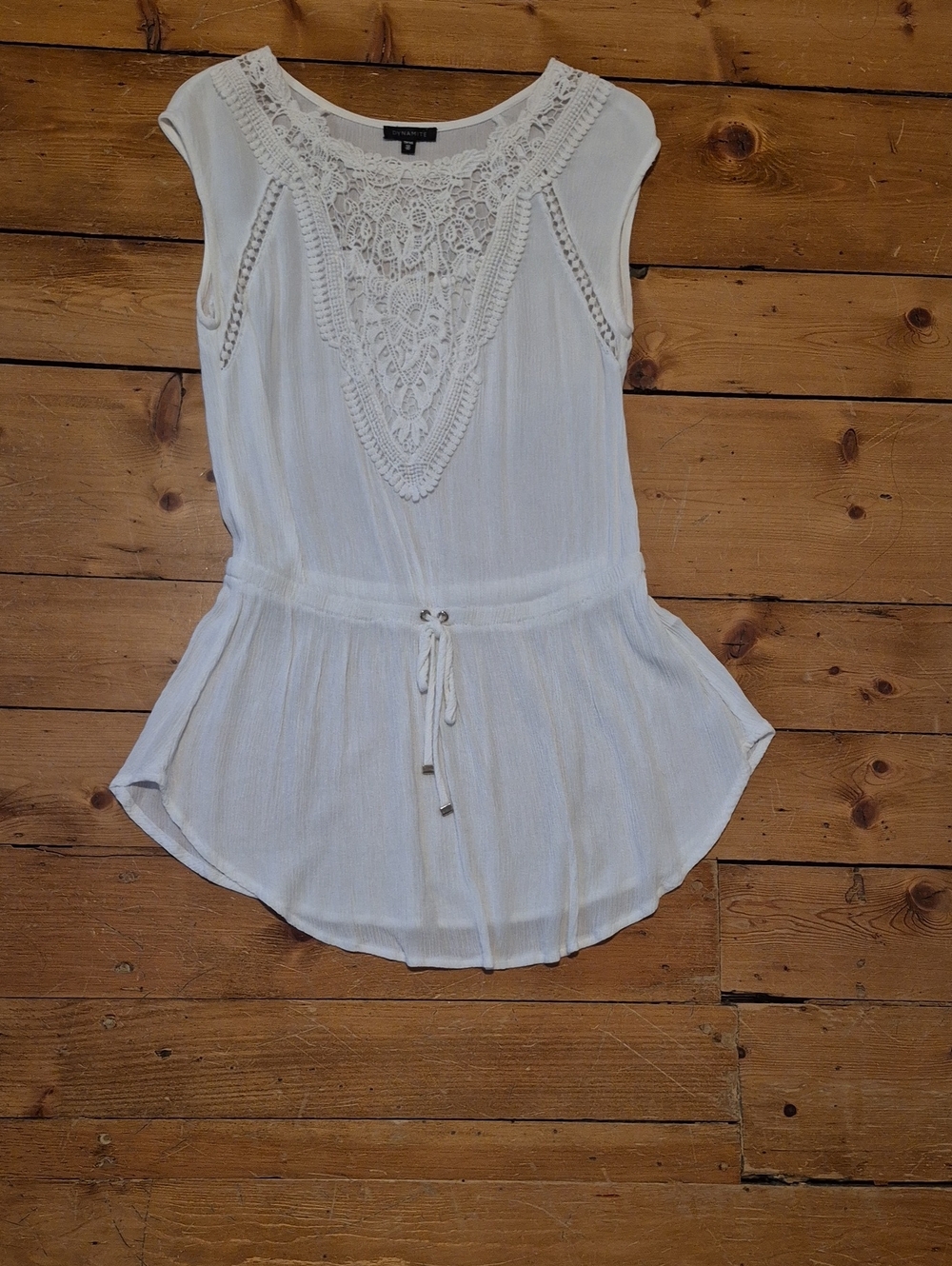 Dynamite White Crochet Yoke Drawstring Peplum Top